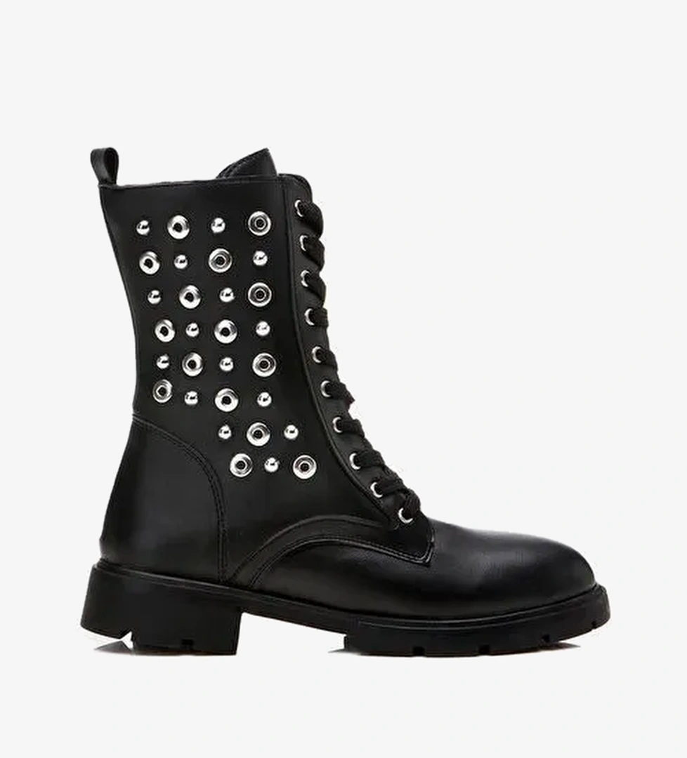 Siyah Kadın Zımbalı Düz Bot - Görsel 1