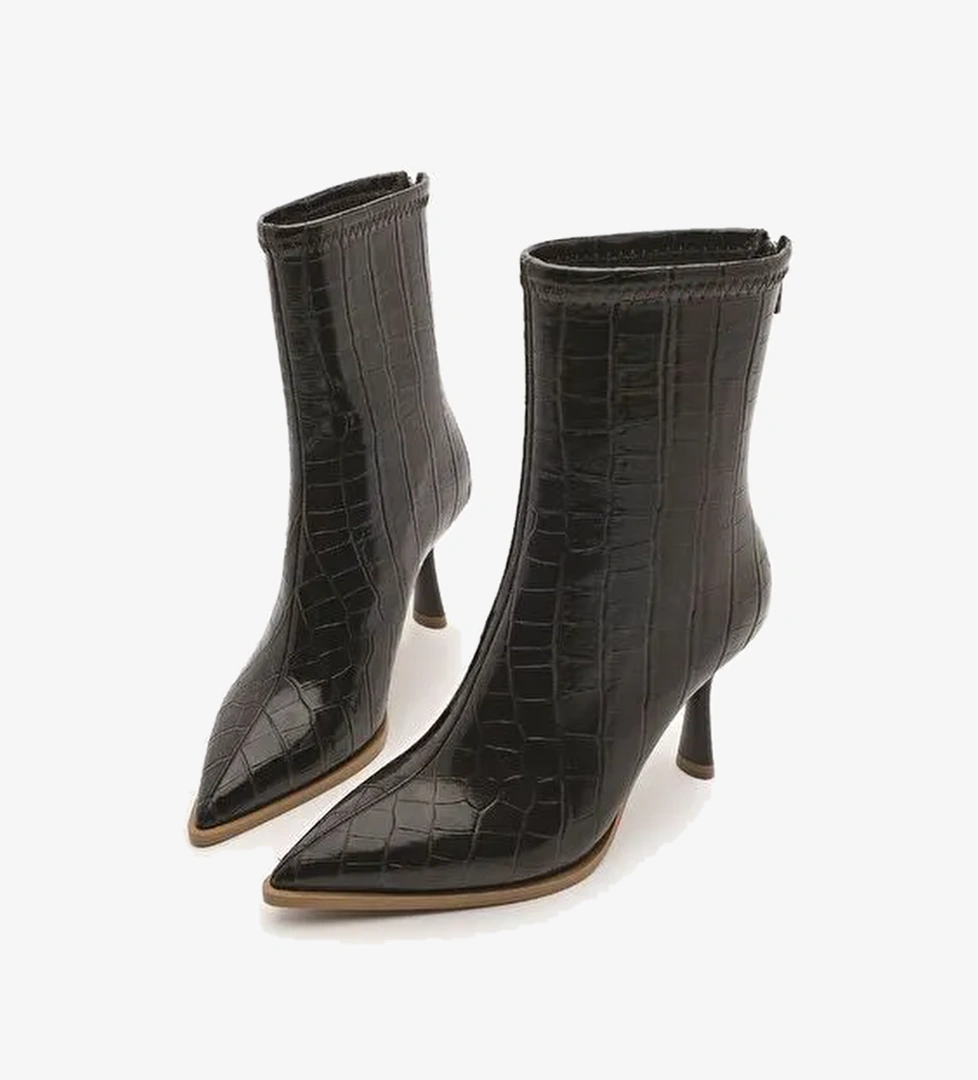 Kadın Topuklu Bot Sivri Burun Kadeh Ökçe Arkadan Fermuarlı Günlük Klasik Bot Monos Kahve Croco - Görsel 1