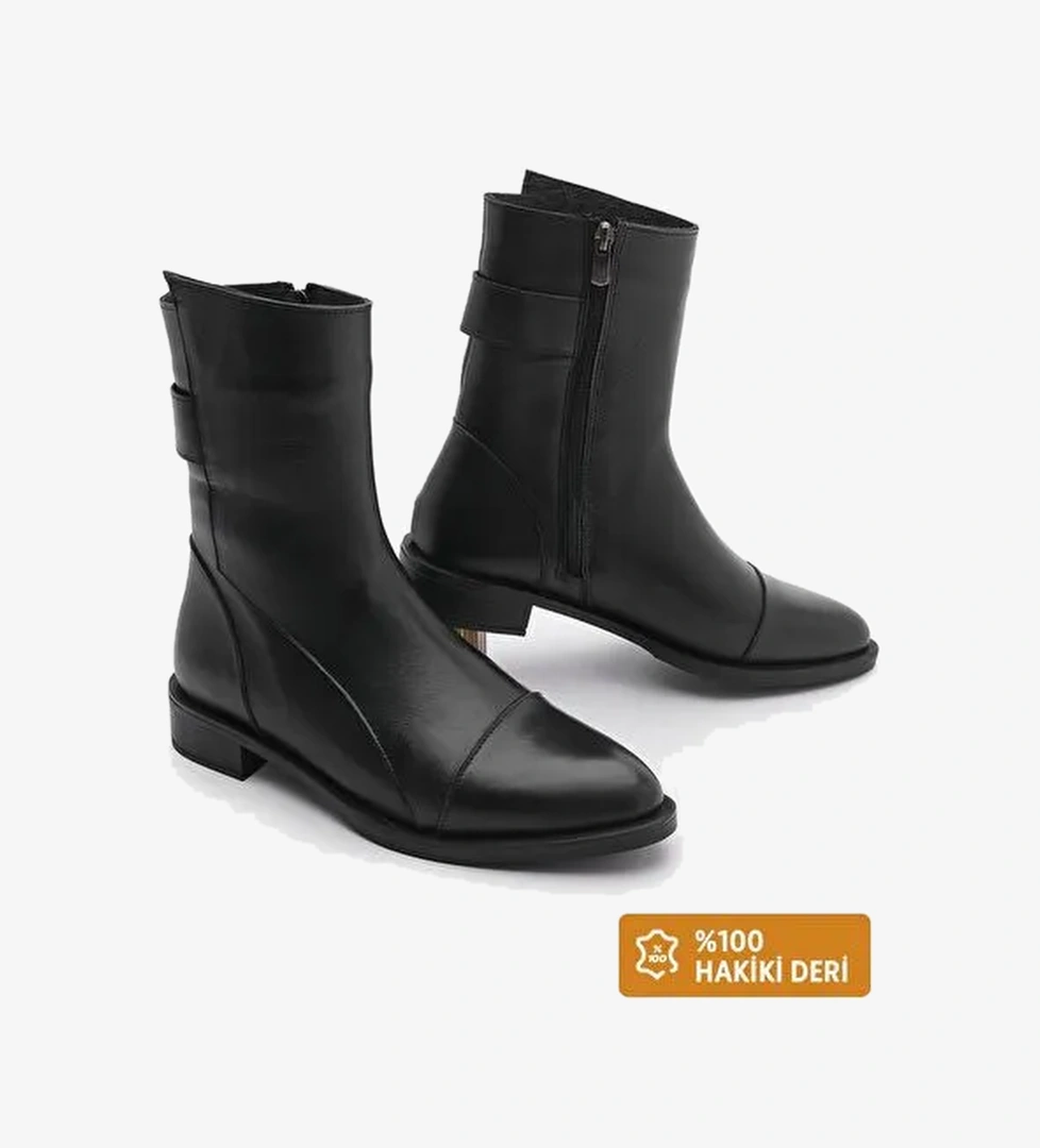 Kadın Hakiki Deri Günlük Bot Fermuarlı Tekas Siyah - Görsel 1