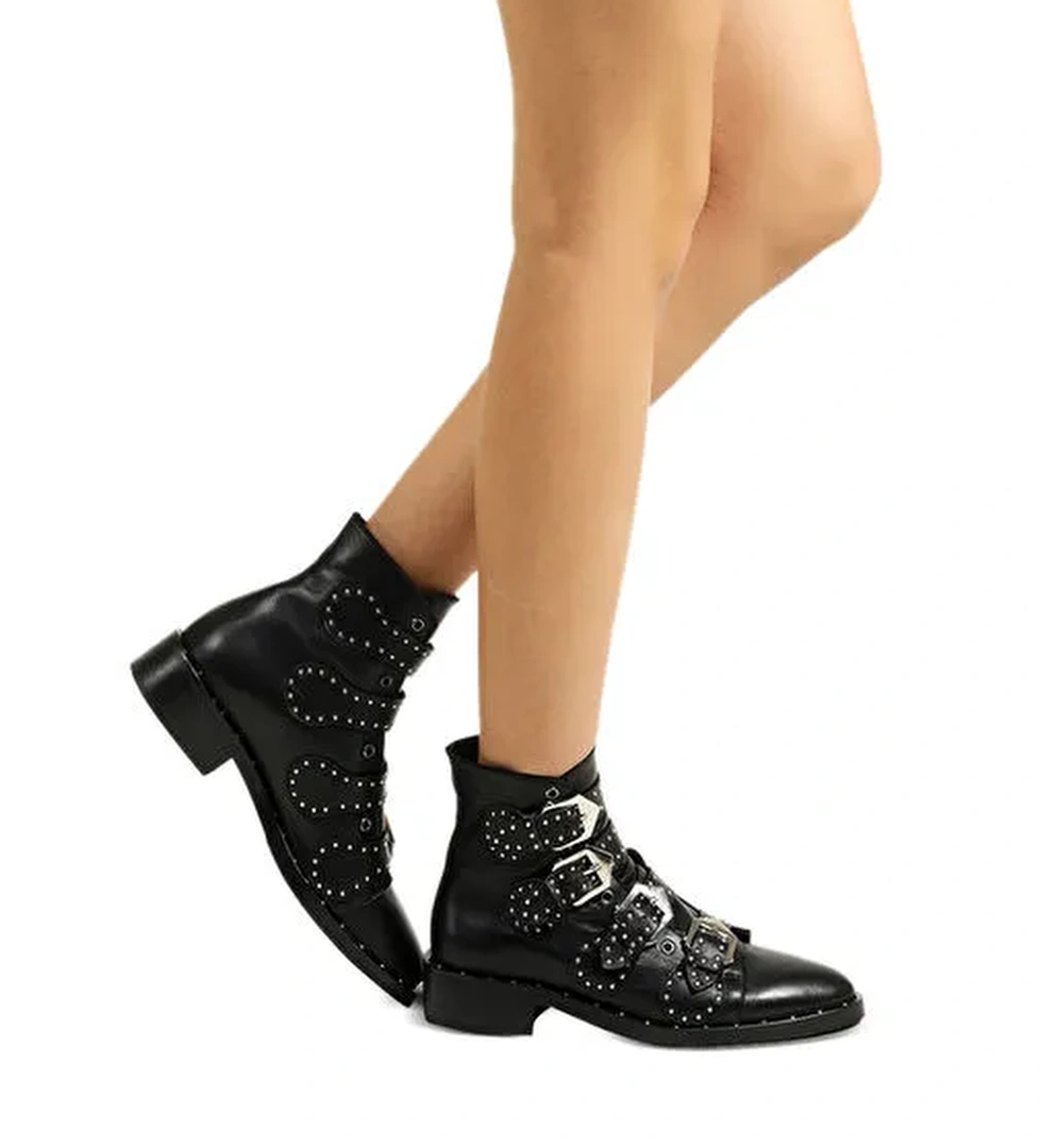 Nessa Gerçek Deri Düz Kadın Troplu Bot Siyah - Görsel 1