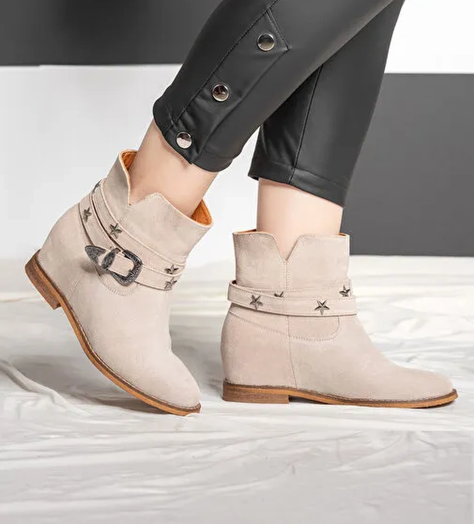 Nemesis Gerçek Deri Kadın Dolgu Taban Bot Bej Süet - Görsel 1