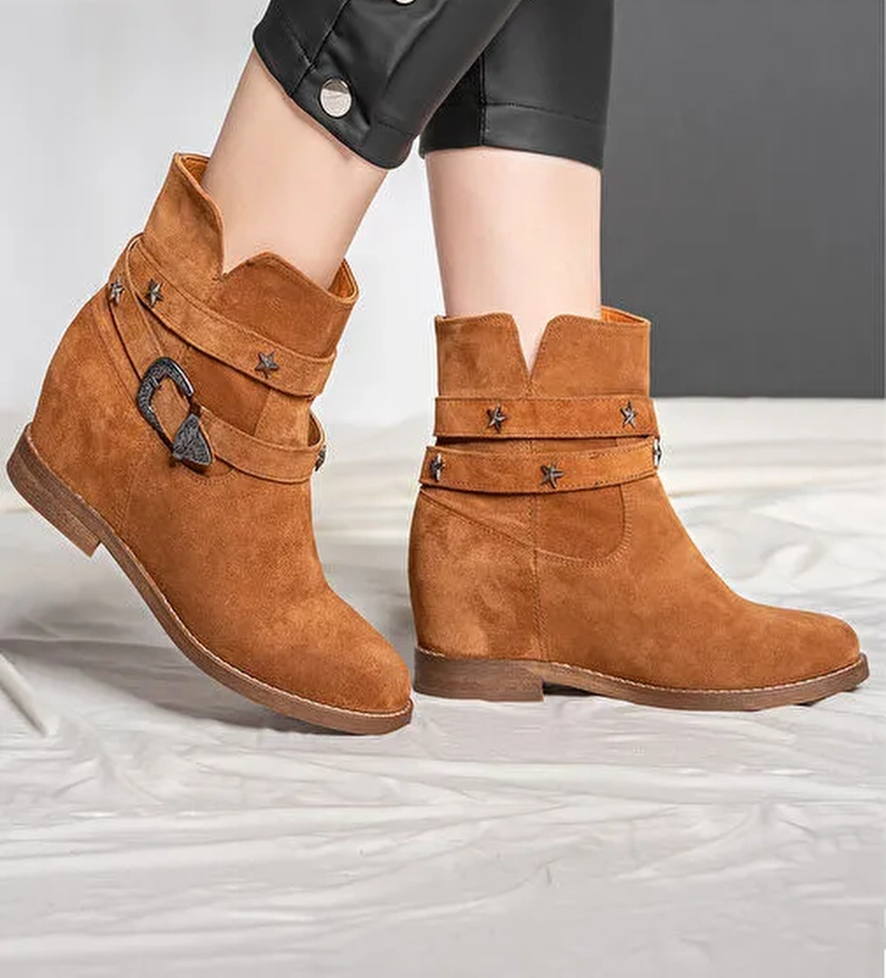 Nemesis Gerçek Deri Kadın Dolgu Taban Bot Taba Süet - Görsel 1