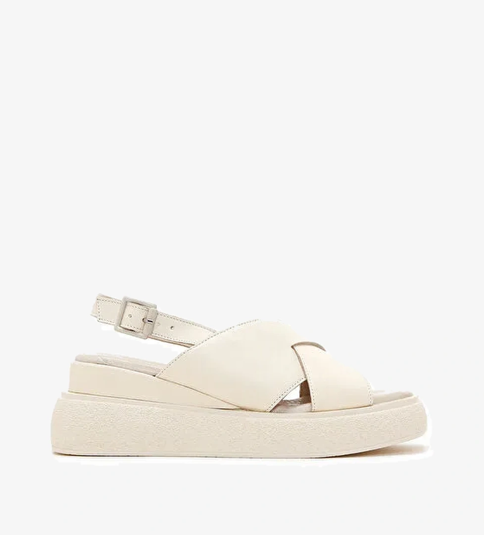 Kadın Bej Bilekten Bantlı Kalın Tabanlı Deri Sandalet 24SFD200218 - Görsel 1