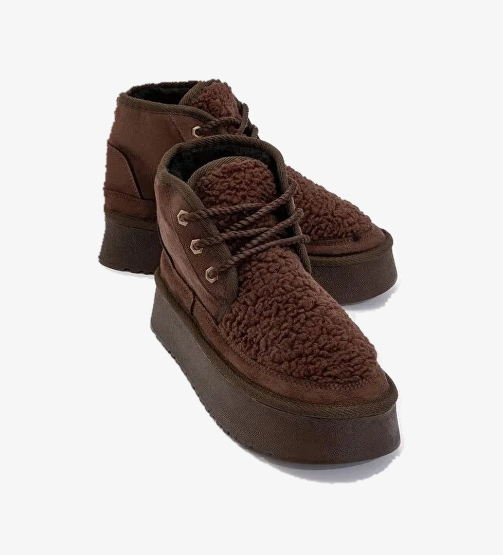 TYSON Kahverengi Süet Kürklü Kalın Taban Bağcıklı Kadın Spor Bot - Görsel 1