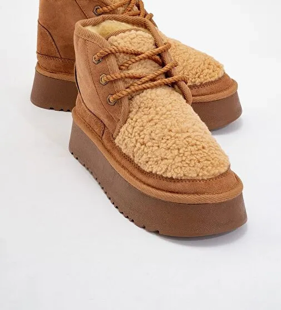 TYSON Taba Süet Kürklü Kalın Taban Bağcıklı Kadın Spor Bot - Görsel 1