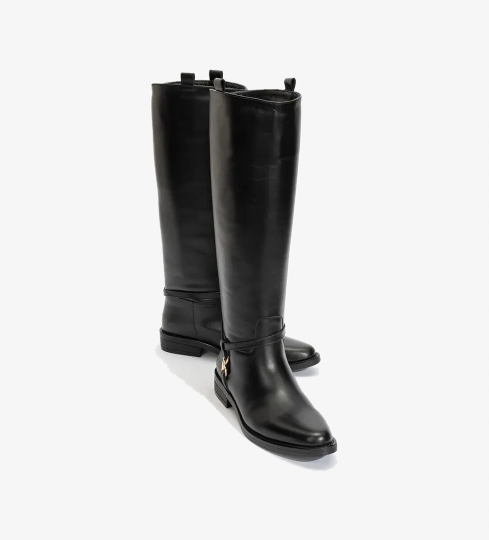 MAY Siyah Cilt Hakiki Deri Gold Tokalı Kadın Binici Çizme - Görsel 1