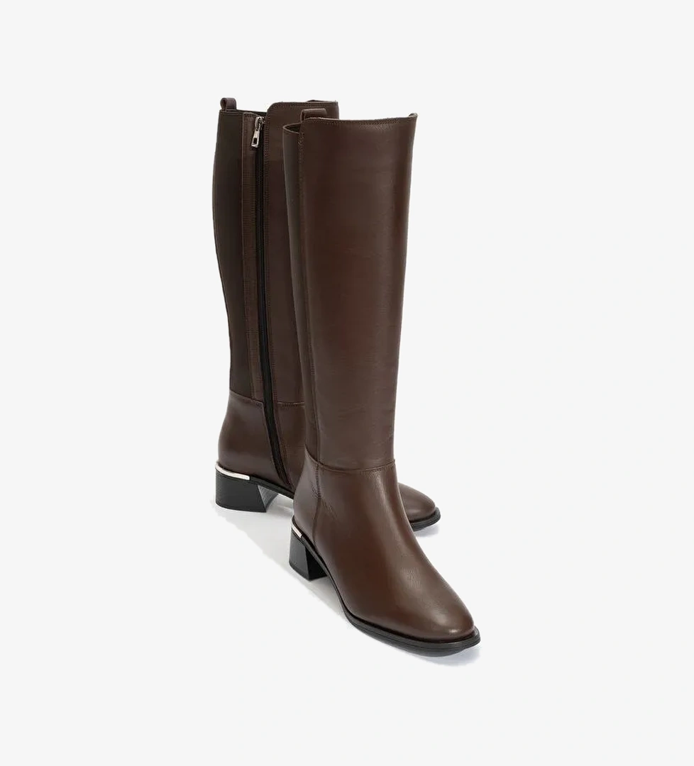 ROCHOS Kahve Cilt Streç Detaylı Hakiki Deri Kadın Çizme - Görsel 1