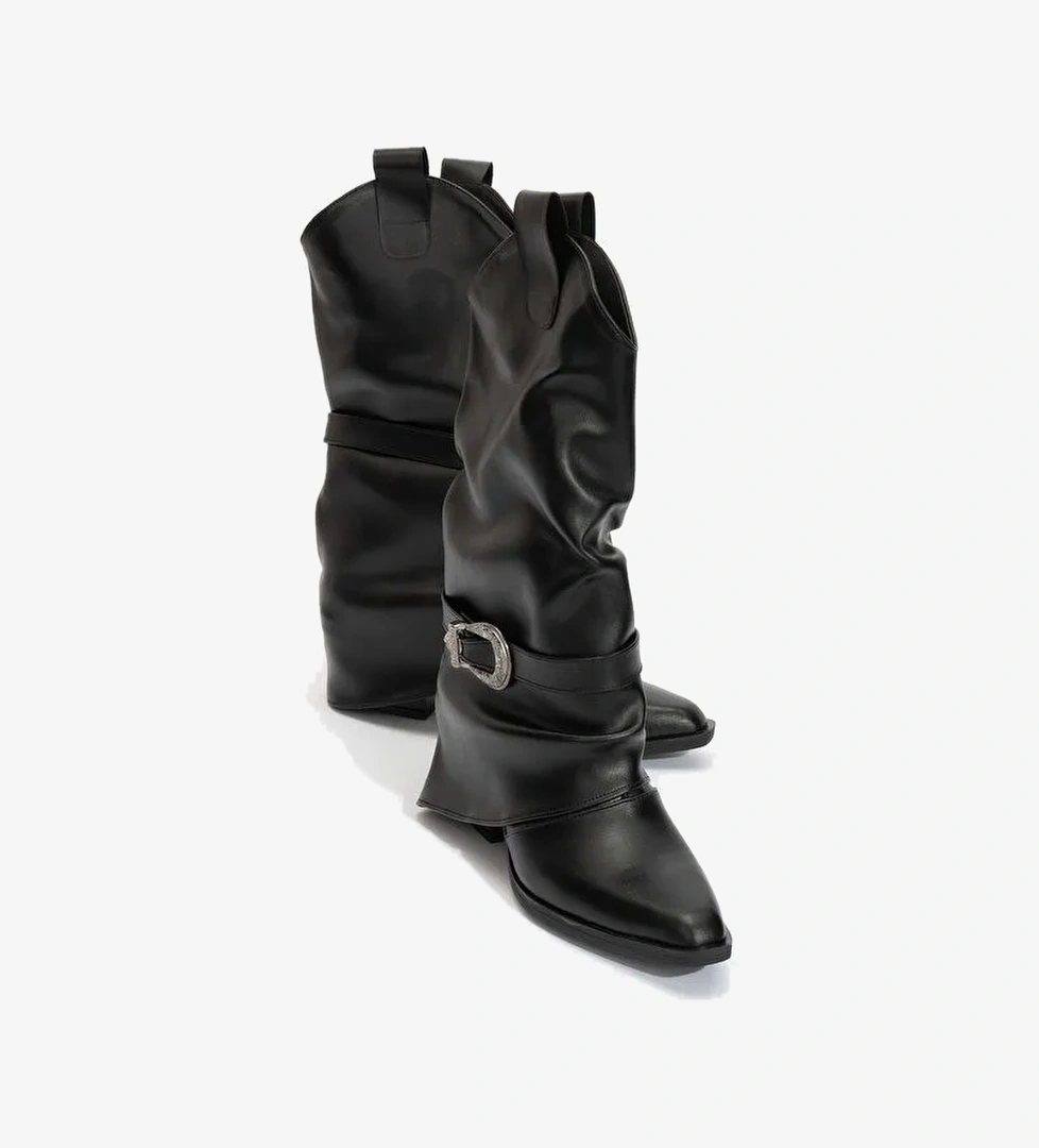 OKUS Siyah Cilt Kadın Tokalı Kalın Topuklu Kısa Çizme - Görsel 1