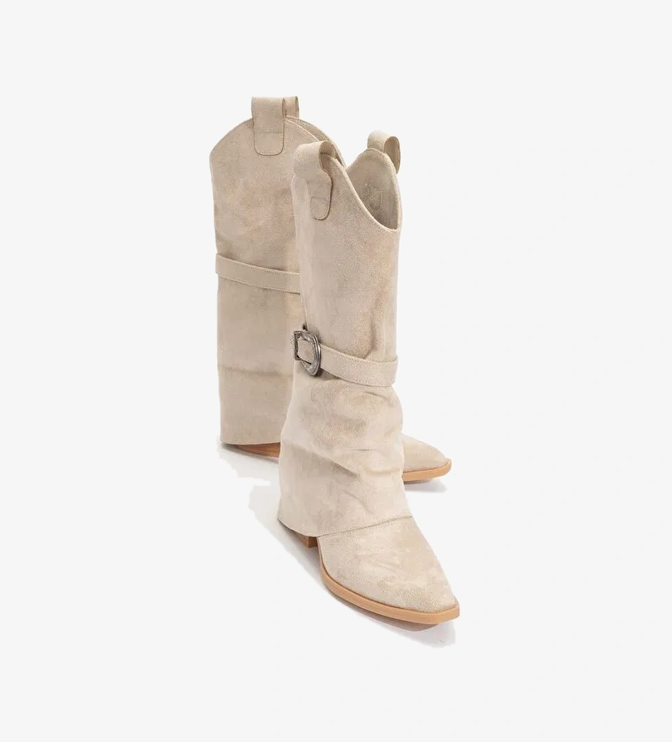 OKUS Bej Süet Kadın Tokalı Kalın Topuklu Kısa Çizme - Görsel 1