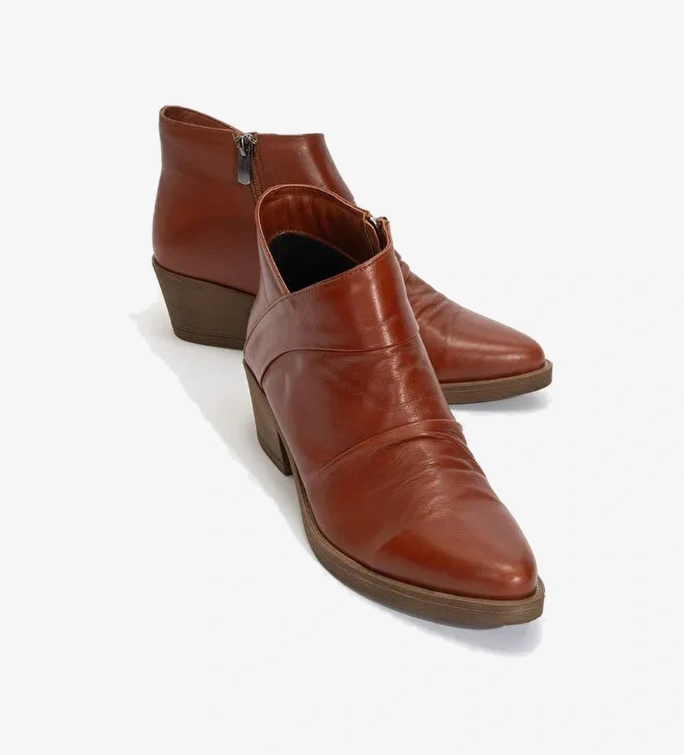 RULE Koyu Taba Hakiki Deri Kadın Kalın Topuklu Bot - Görsel 1