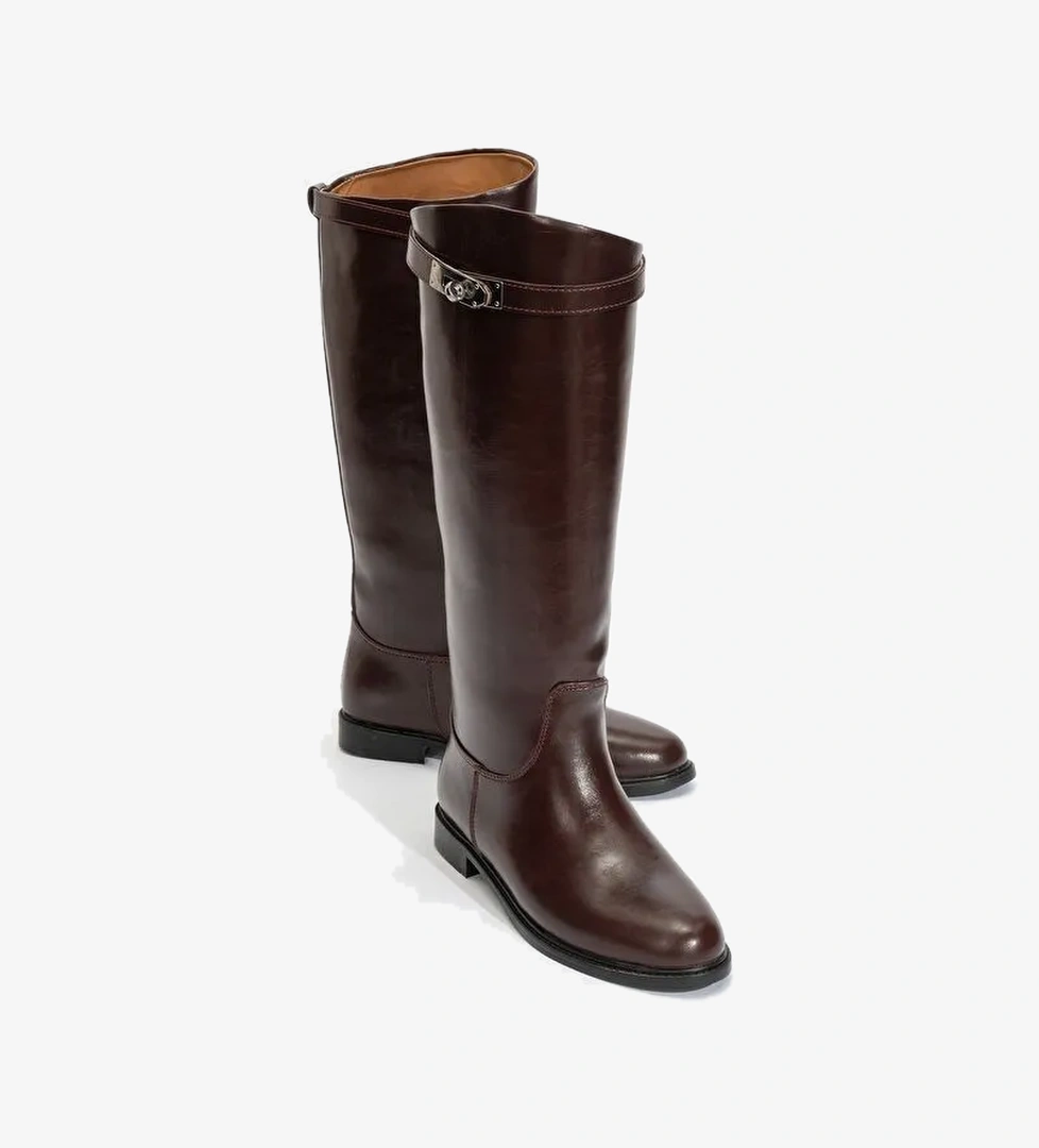 YOKO Bordo Cilt Kemerli Kadın Binici Çizme - Görsel 1