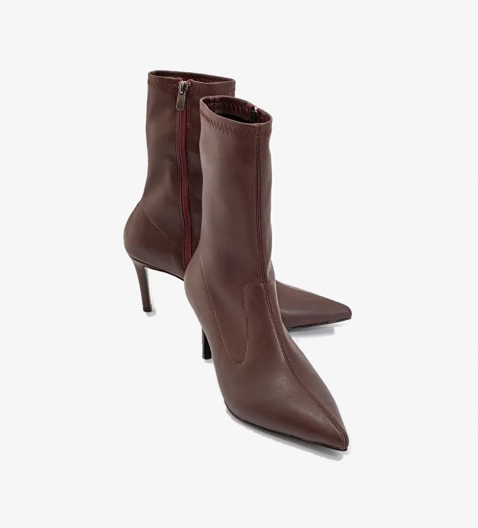 THALİN Koyu Bordo Sivri Burun Kadın İnce Topuklu Bot - Görsel 1