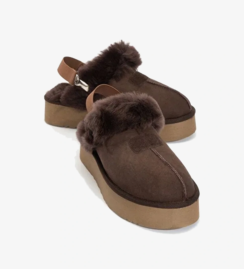 OLESSA Kahverengi Hakiki Deri Süet Kadın Kürklü Terlik - Görsel 1