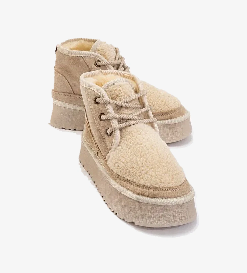 TYSON Bej Süet Kürklü Kalın Taban Bağcıklı Kadın Spor Bot - Görsel 1