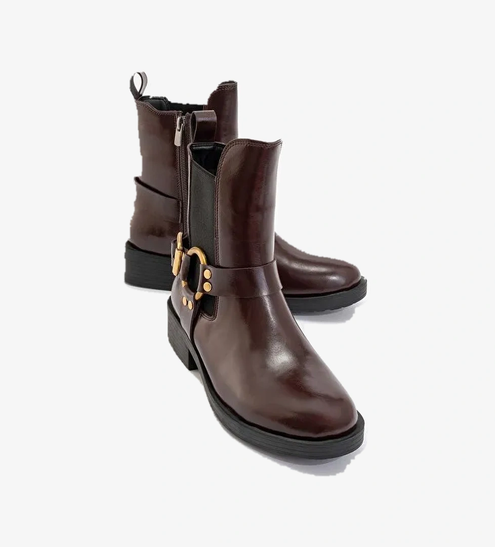 STONE Bordo Cilt Tokalı Lastikli Fermuarlı Kadın Bot - Görsel 1