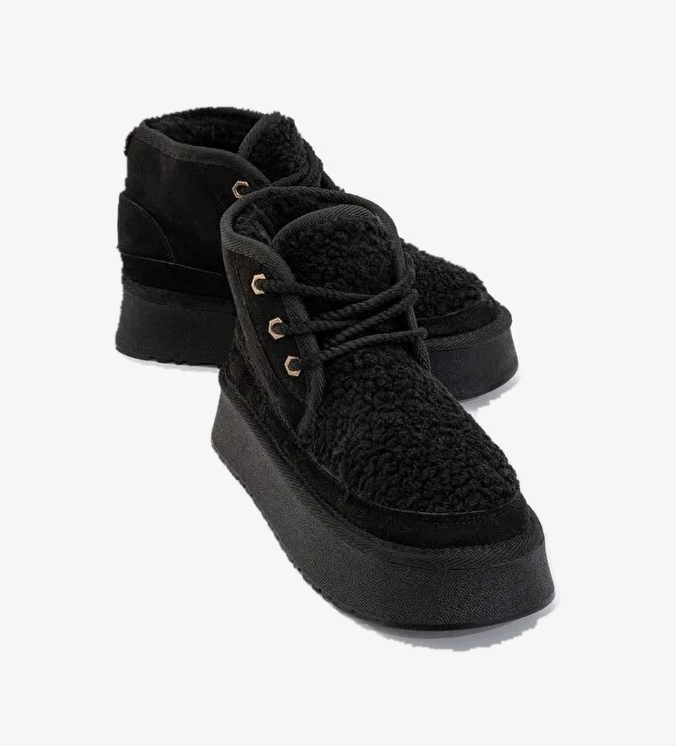 TYSON Siyah Süet Kürklü Kalın Taban Bağcıklı Kadın Spor Bot - Görsel 1
