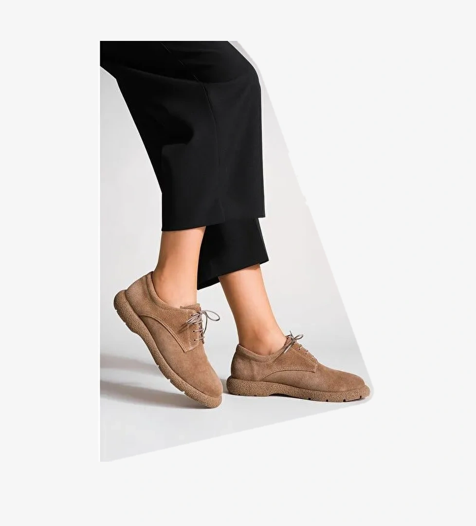 Kadın Hakiki Deri Oxford Ayakkabı Bağcıklı Günlük Ayakkabı Alyen Taba Süet - Görsel 1