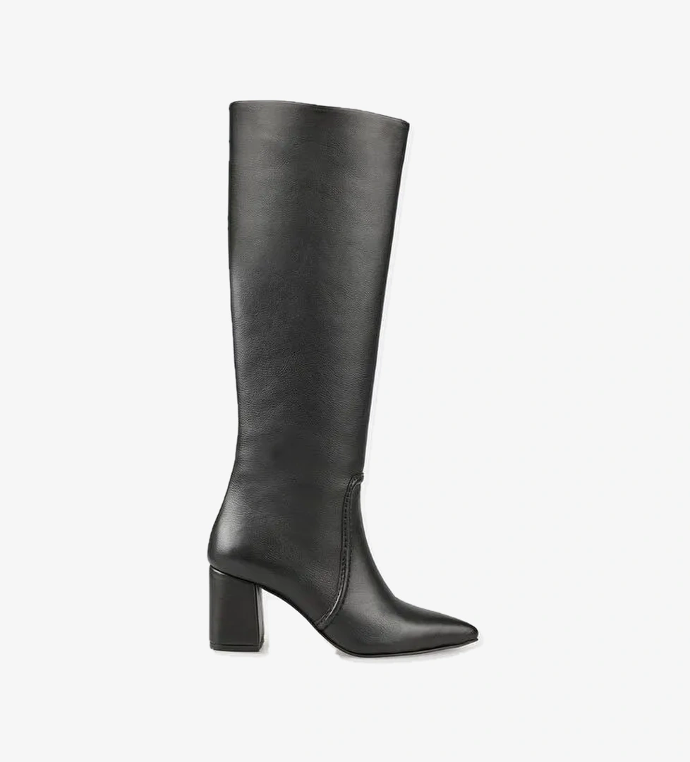 Siyah Deri Kadın Orta Topuk Çizme - Görsel 1
