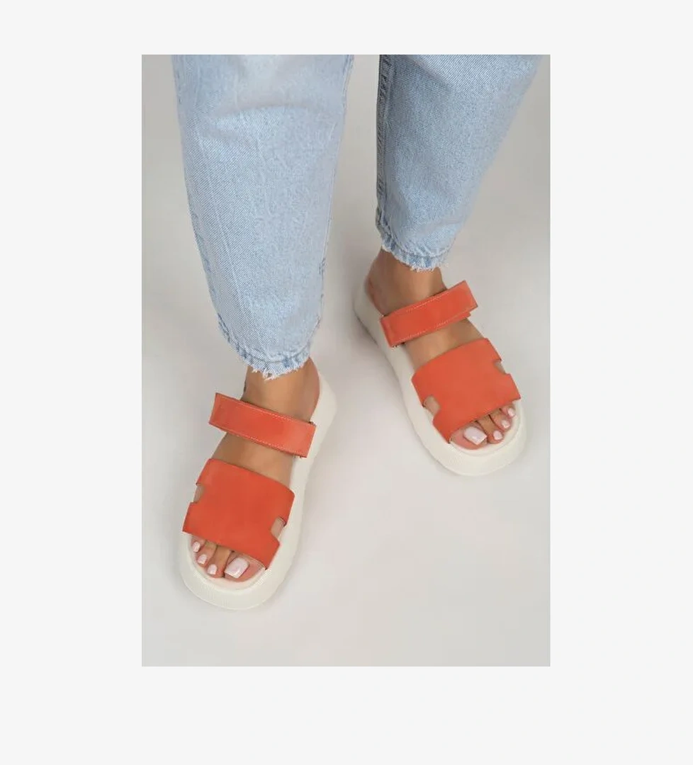 Manijero Seina Kadın Hakiki Deri Cırtlı Terlik Koral Terlik - Görsel 1