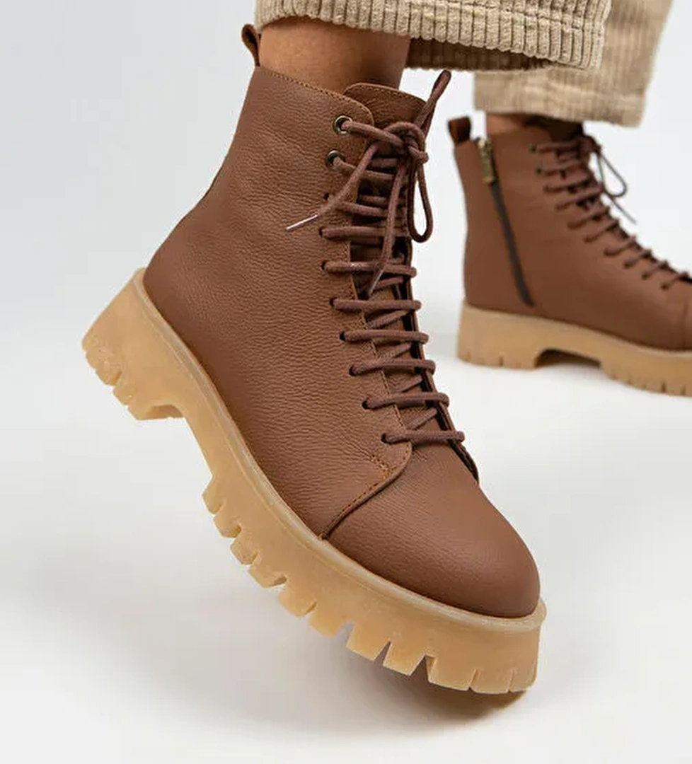 Manijero Aster Kadın Hakiki Deri Bağcıklı Fermuarlı Taba-Krep Bot - Görsel 1