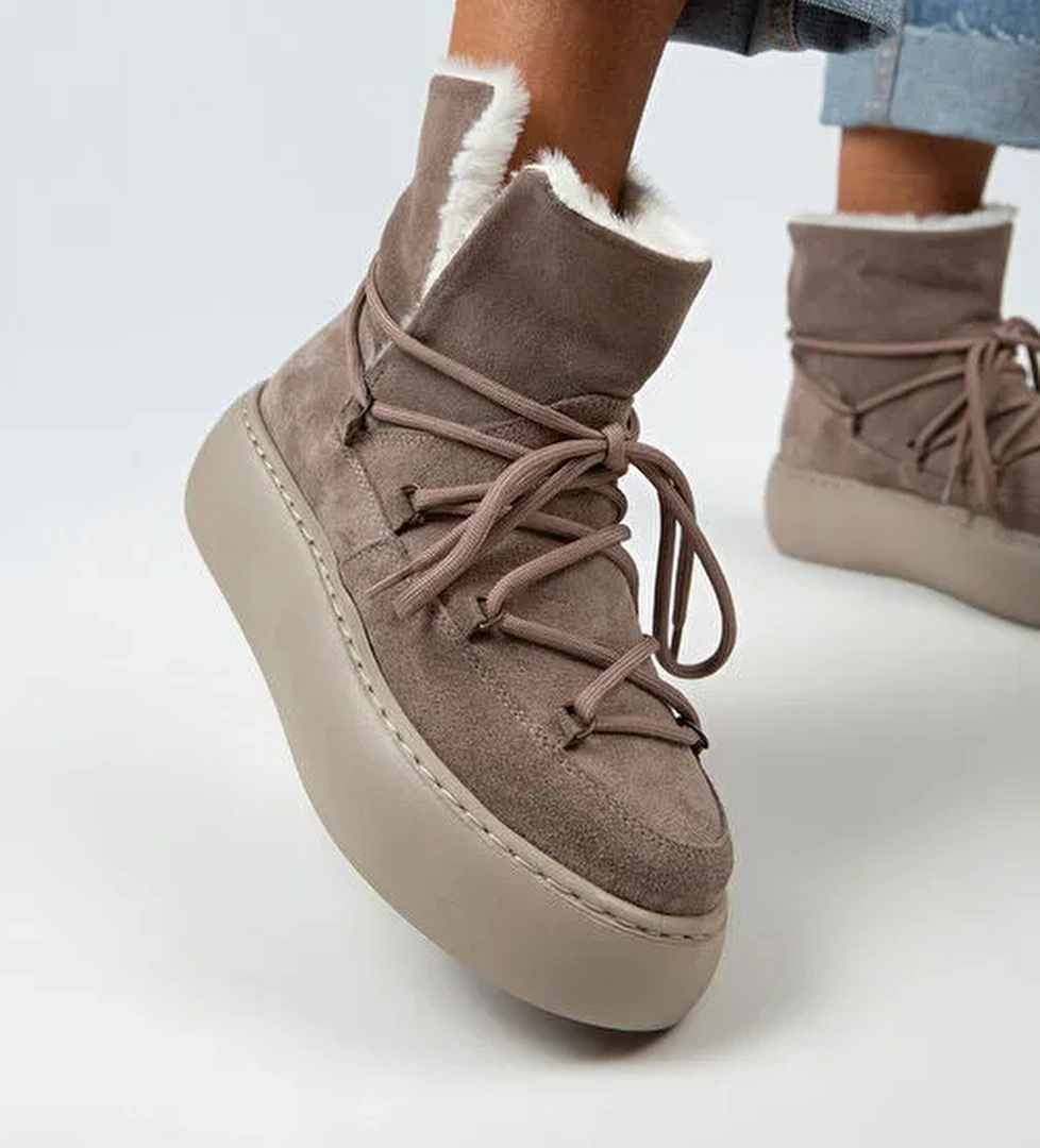 Manijero Haven Kadın Hakiki Deri Bağcıklı İçi Kürklü Vizon Bot - Görsel 1