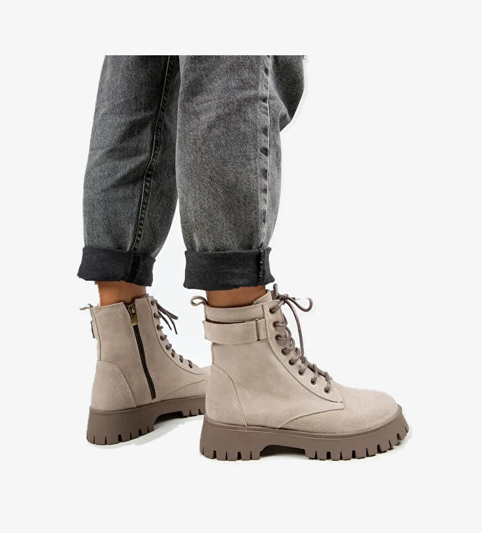 Manijero Adel Kadın Hakiki Deri Bağcıklı İçten Fermuarlı Bej Süet-Vizon Bot - Görsel 1