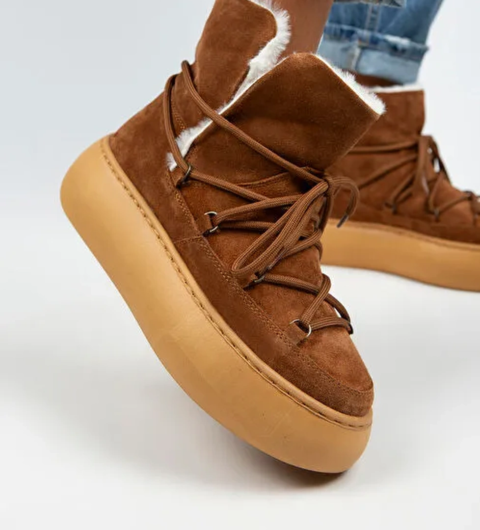 Manijero Haven Kadın Hakiki Deri Bağcıklı İçi Kürklü Taba Bot - Görsel 1