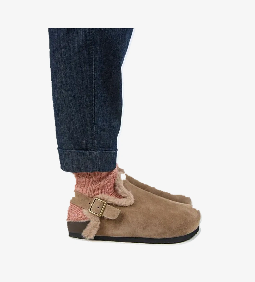 Manijero (Holly 2 Kürklü) Kadın Hakiki Deri Kemerli Tokalı Sabo Vizon Sandalet - Görsel 1