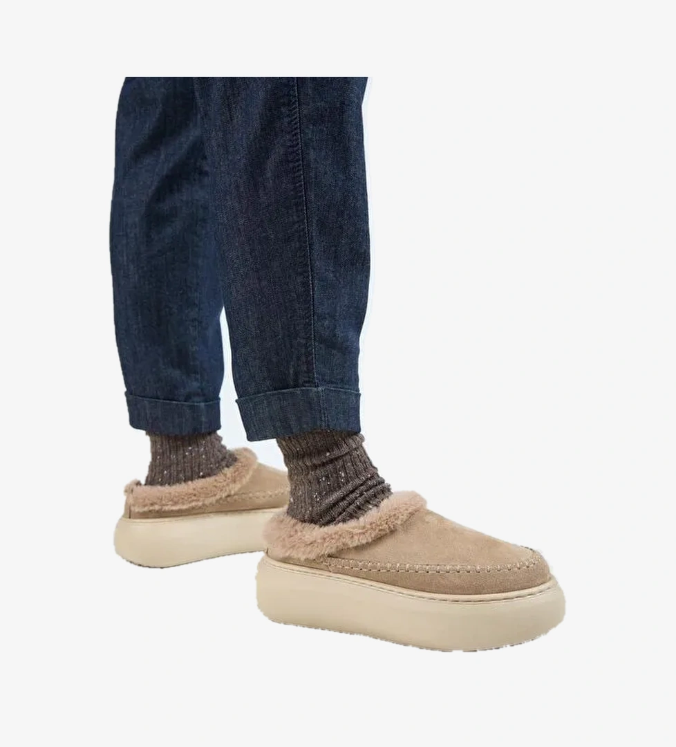 Manijero (Bazin Kürklü) Kadın Hakiki Deri Sabo Kürklü Platform Vizon Terlik - Görsel 1