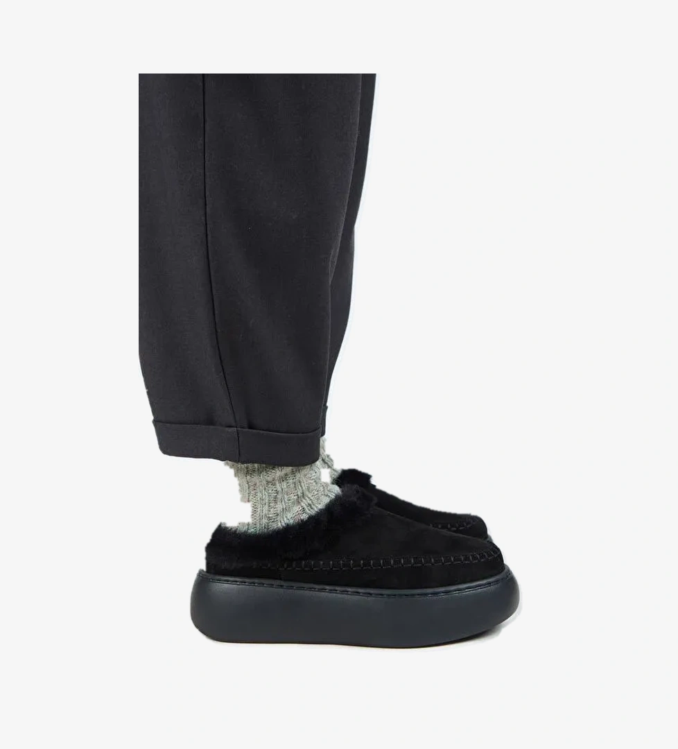 Manijero (Bazin Kürklü) Kadın Hakiki Deri Sabo Kürklü Platform Siyah Terlik - Görsel 1