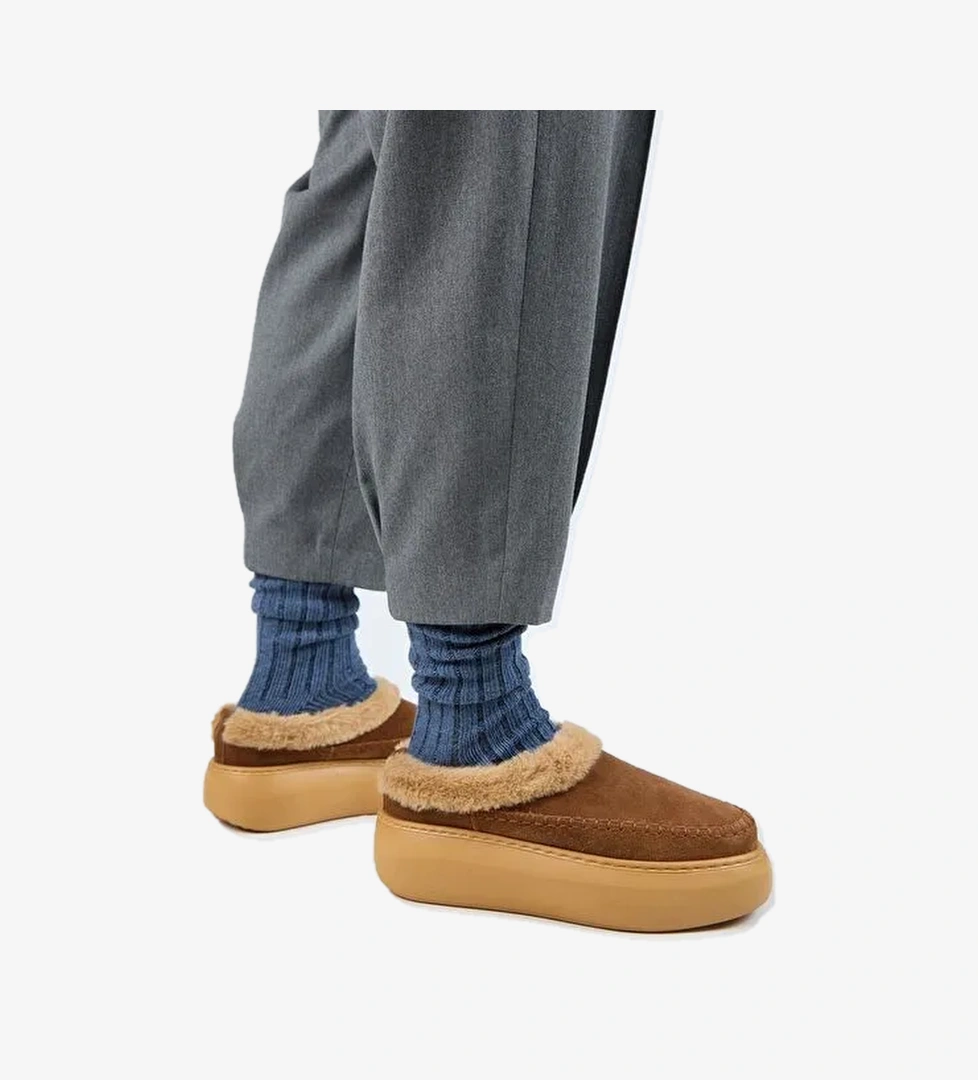 Manijero (Bazin Kürklü) Kadın Hakiki Deri Sabo Kürklü Platform Taba Terlik - Görsel 1