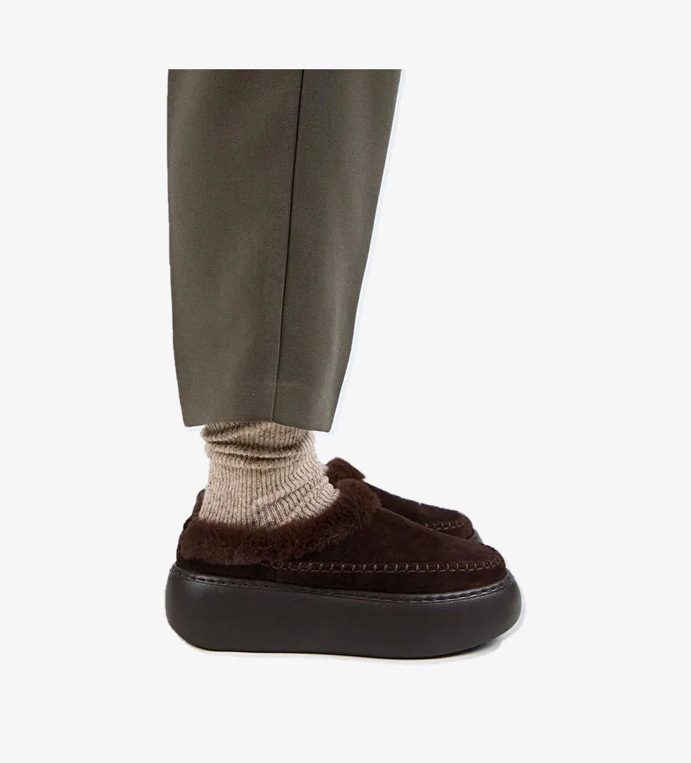 Manijero (Bazin Kürklü) Kadın Hakiki Deri Sabo Kürklü Platform Kahve Terlik - Görsel 1