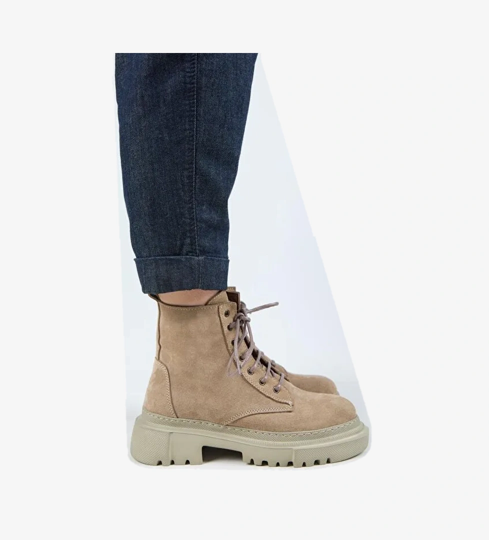 Manijero (Dilzar) Kadın Hakiki Deri Bağcıklı İçten Fermuarlı Vizon Bot - Görsel 1