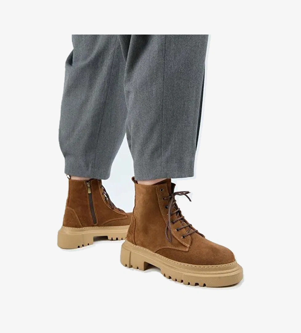 Manijero (Dilzar) Kadın Hakiki Deri Bağcıklı İçten Fermuarlı Taba Bot - Görsel 1