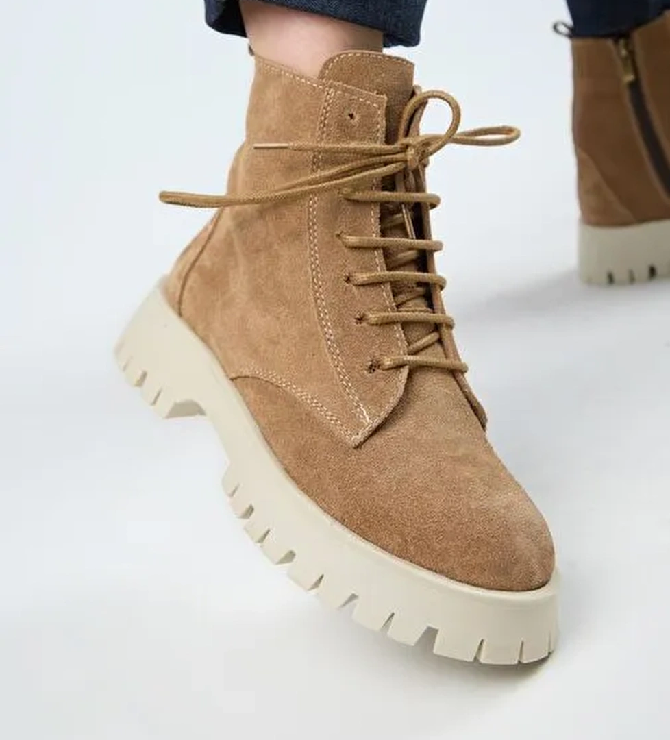 Manijero (Viyan) Kadın Hakiki Deri Bağcıklı İçten Fermuarlı Kum Bot - Görsel 1