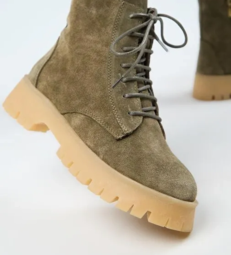 Manijero (Viyan) Kadın Hakiki Deri Bağcıklı İçten Fermuarlı Haki Bot - Görsel 1