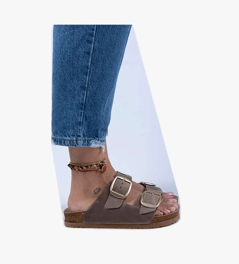 Manijero Vizon-Gold Kadın Deri Terlik MNJ.062.05 - Görsel 1