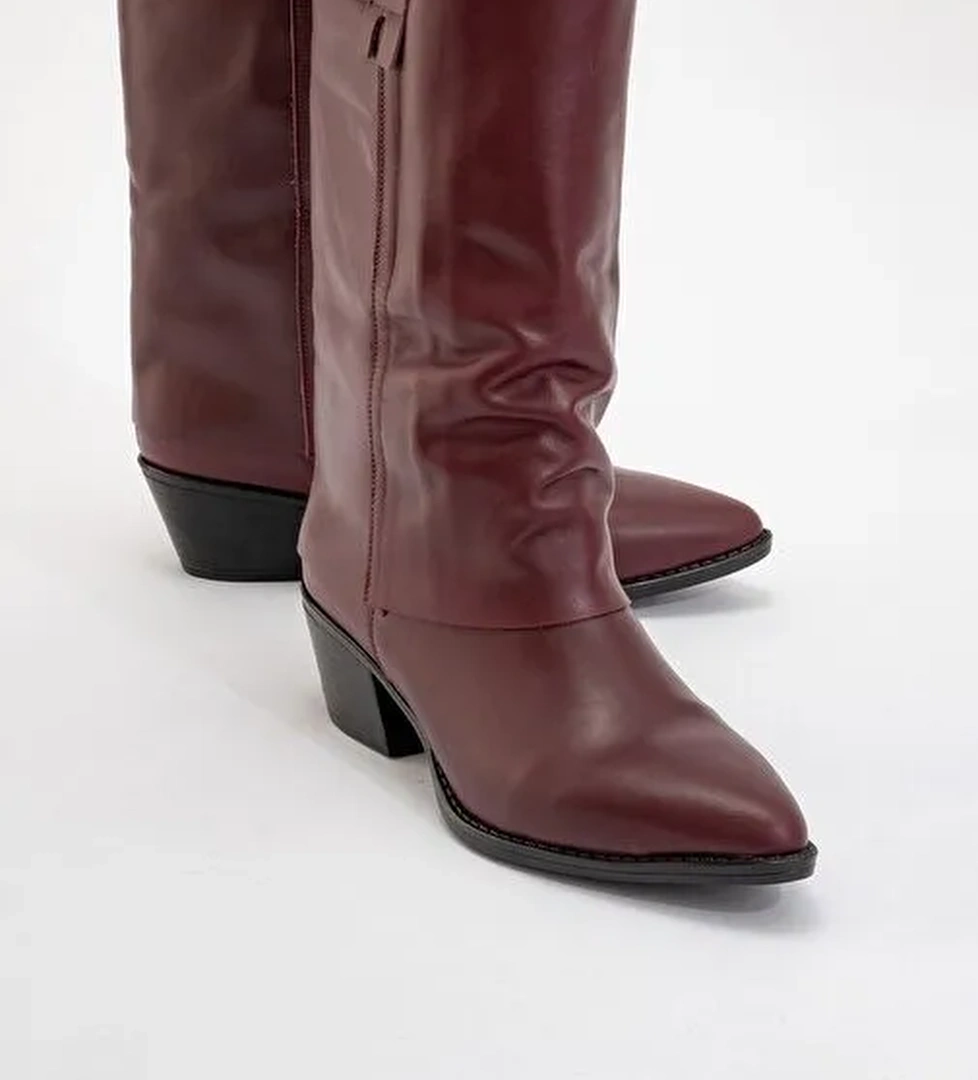 SOJO Bordo Cilt Hakiki Deri Kalın Topuklu Kısa Çizme - Görsel 1