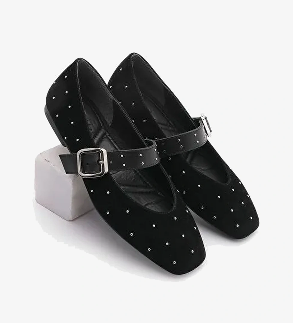 Marjin Kadın Zımbalı Babet Velona Siyah Süet - Görsel 1