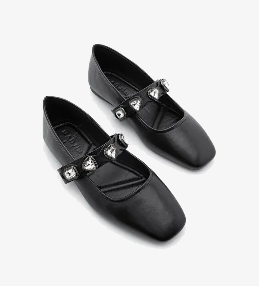 Kadın Küt Burun Taşlı Babet Elora Siyah - Görsel 1