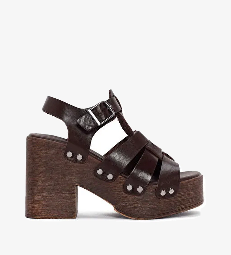 Kadın Kahverengi Kalın Topuklu Tokalı Deri Sandalet 24SFD152118 - Görsel 1