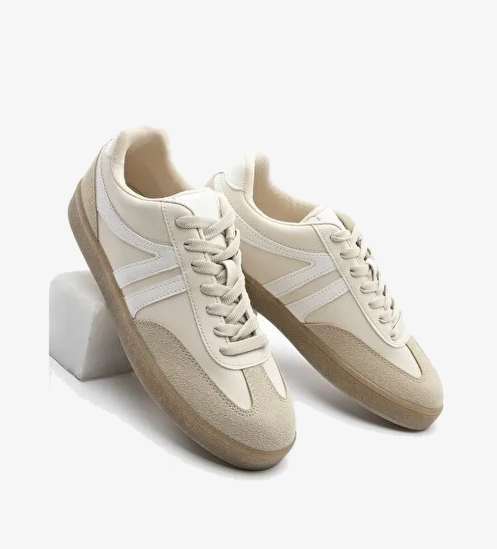 Kadın Sneaker Bağcıklı Düz Taban Spor Ayakkabı Tiyone Bej - Görsel 1