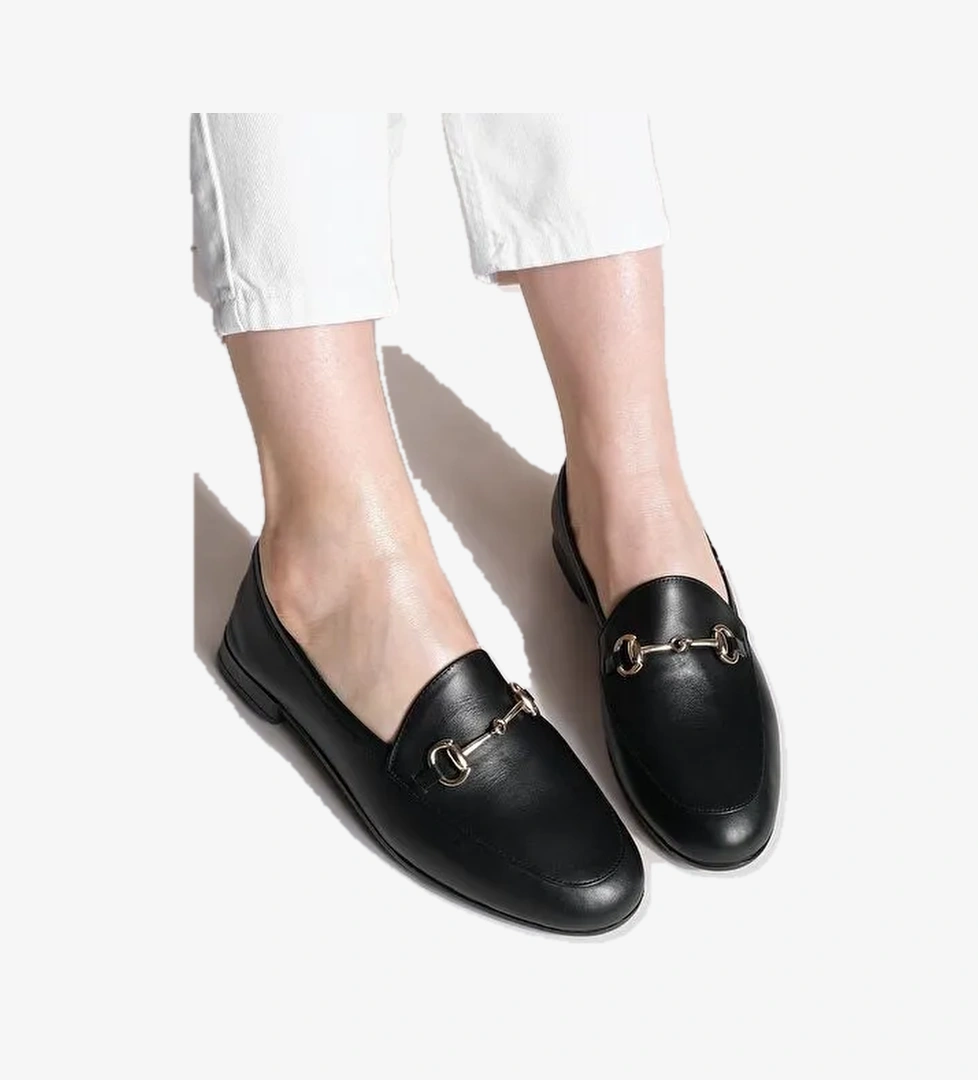 Kadın Hakiki Deri Zincirli Loafer Günlük Ayakkabı Tanle Siyah - Görsel 1