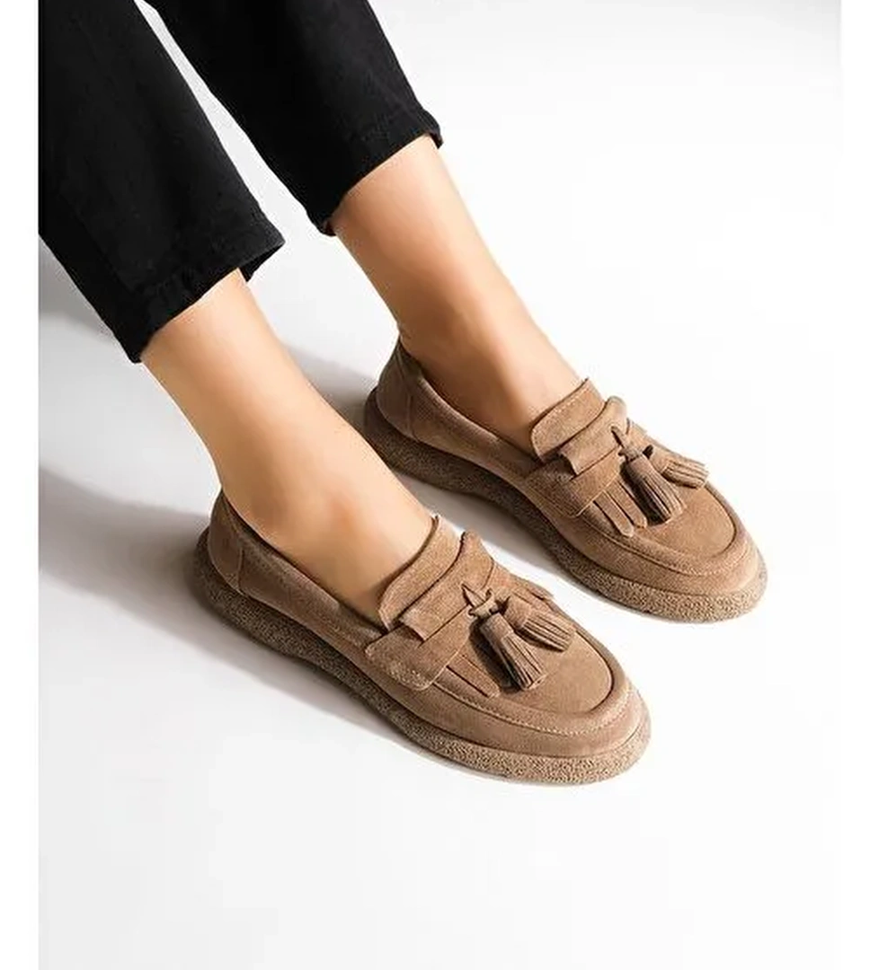 Kadın Hakiki Deri Loafer Günlük Ayakkabı Suma Taba Süet - Görsel 1