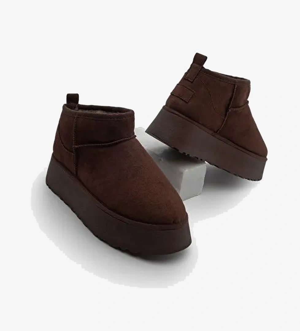 Kadın Kalın Taban İçi Kürklü Yarım Bot Tefis Kahve Süet - Görsel 1