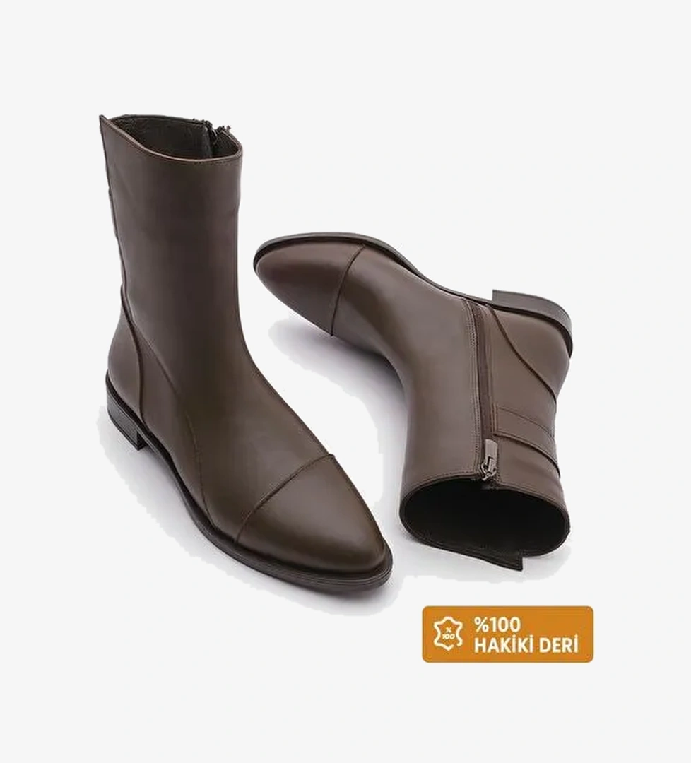 Kadın Hakiki Deri Günlük Bot Fermuarlı Tekas Kahve - Görsel 1