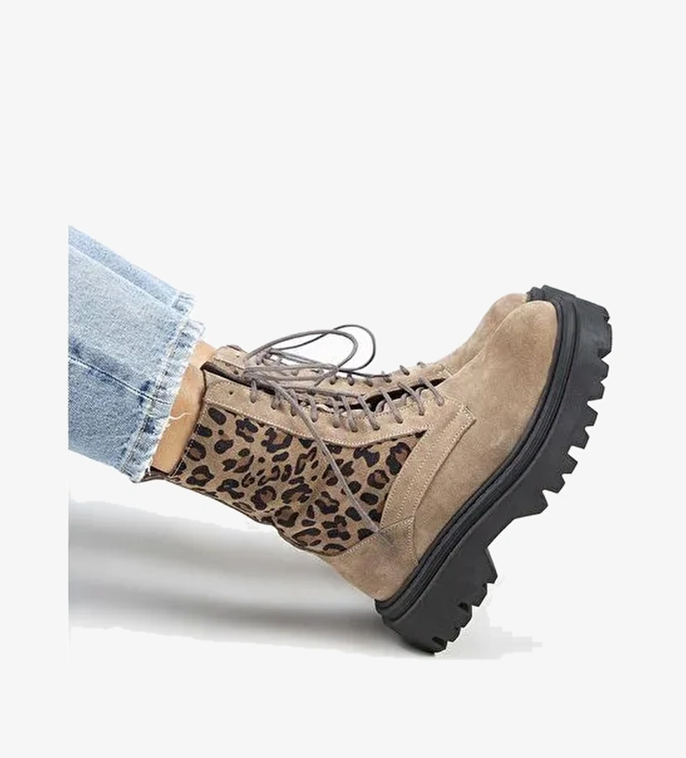 Manijero Diane Kadın Hakiki Deri Bağcıklı Vizon-Leopar Bot - Görsel 1