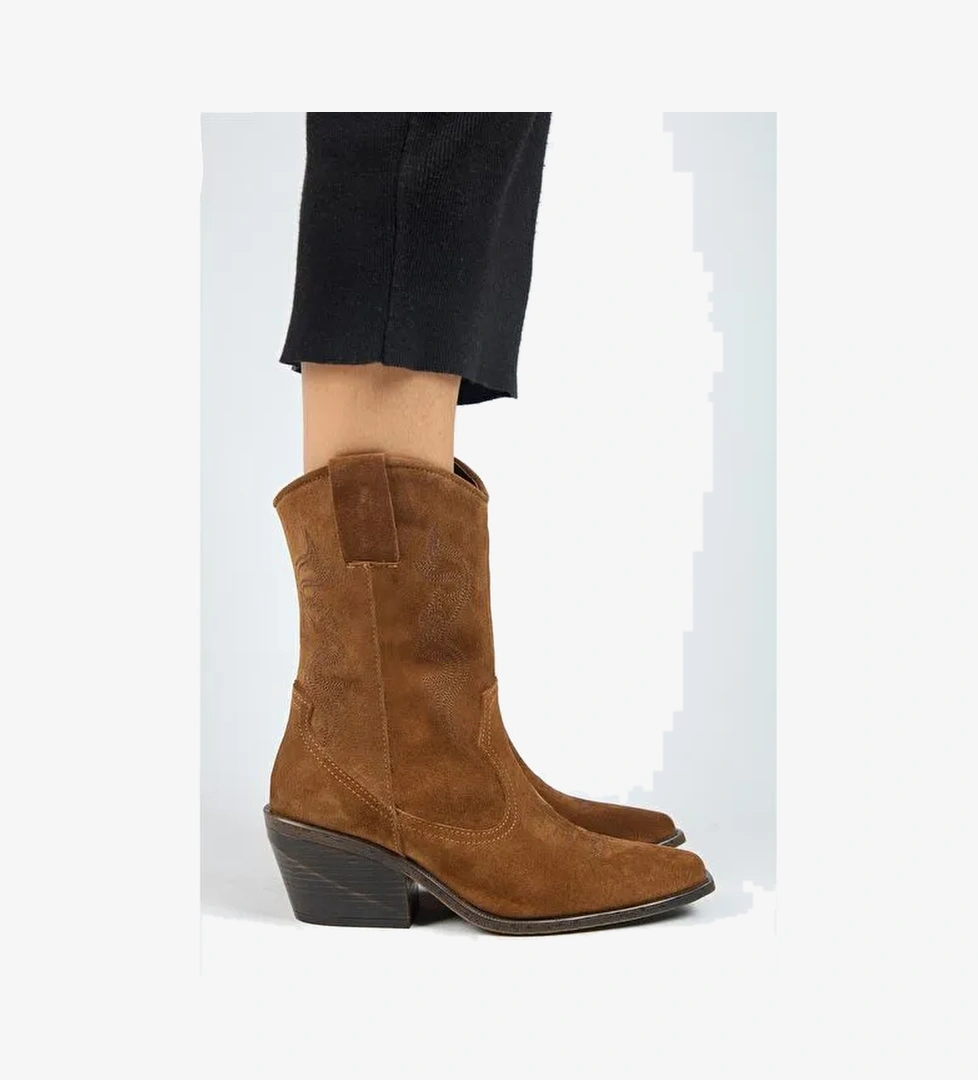 Manijero Aleyna Kadın Hakiki Deri Western Taba Bot - Görsel 1