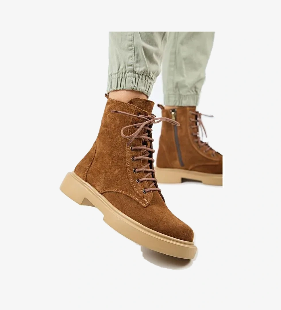 Manijero (Niro) Kadın Deri Hakiki Deri Bağcıklı Taba Bot - Görsel 1