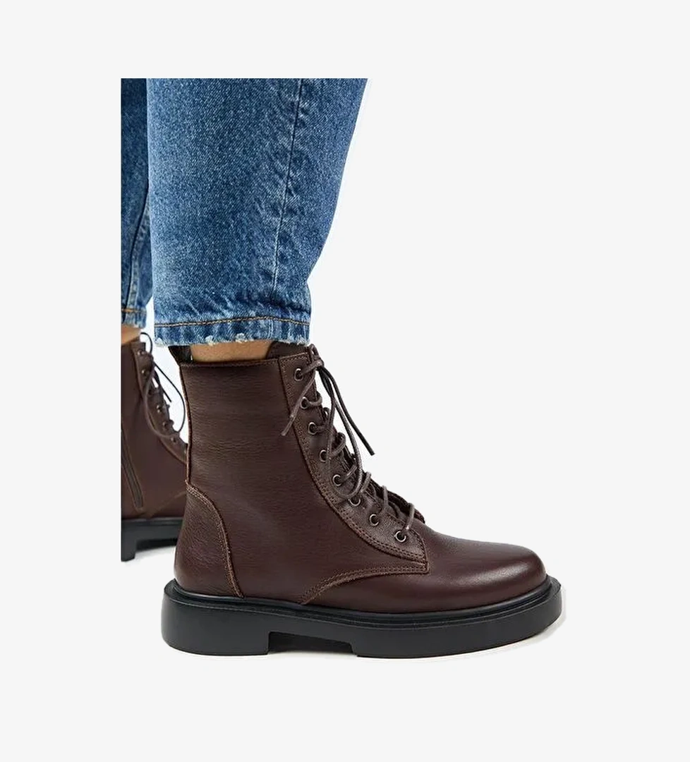 Manijero (Niro) Kadın Deri Hakiki Deri Bağcıklı Koyu Kahve Bot - Görsel 1